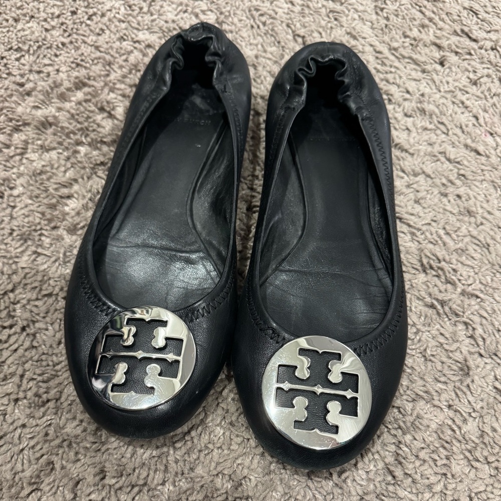 Tory Burch Black Flats with Silver Logo